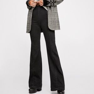 Free People Retro Flare Leg Black Denim Flat Front Pull On Jeans